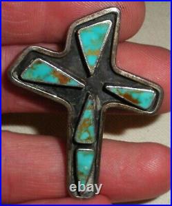 VINTAGE NAVAJO STERLING SILVER TURQUOISE CROSS PENDANT CHARM QUALITY PIECE tuvi