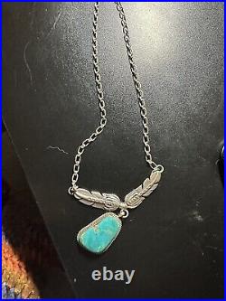 VINTAGE NAVAJO STERLING SILVER & TURQUOISE NECKLACE PENDANT w 18 CHAIN