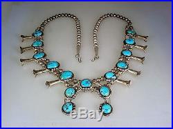 VINTAGE NAVAJO STERLING SILVER & TURQUOISE SQUASH BLOSSOM NECKLACE signed