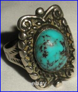 VINTAGE NAVAJO TURQUOISE STERLING SILVER RING GREAT DESIGN SIZE 8 1/4 vafo