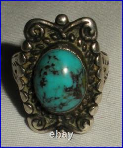 VINTAGE NAVAJO TURQUOISE STERLING SILVER RING GREAT DESIGN SIZE 8 1/4 vafo