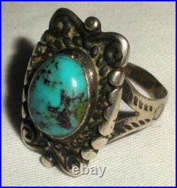 VINTAGE NAVAJO TURQUOISE STERLING SILVER RING GREAT DESIGN SIZE 8 1/4 vafo
