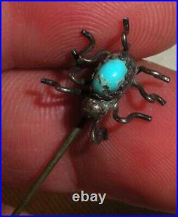 VINTAGE NAVAJO TURQUOISE STERLING SILVER SPIDER STICK PIN BROOCH tuvi