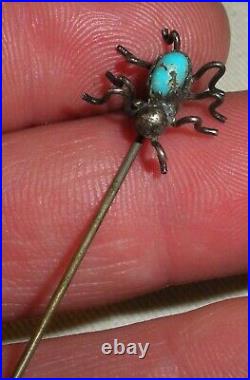 VINTAGE NAVAJO TURQUOISE STERLING SILVER SPIDER STICK PIN BROOCH tuvi