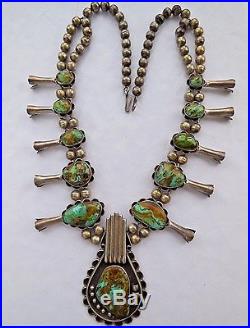 Vintage Navajo Turquoise & Sterling Silver Squash Blossom Necklace, Signed