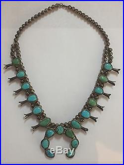 Vintage Navajo Turquoise & Sterling Silver Squash Blossom Necklace, Signed Ws