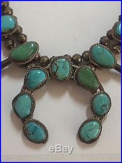 Vintage Navajo Turquoise & Sterling Silver Squash Blossom Necklace, Signed Ws