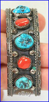 Vintage Old Pawn Navajo Turquoise And Coral Sterling Silver Cuff Bracelet