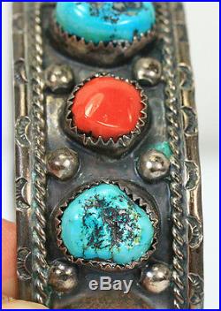 Vintage Old Pawn Navajo Turquoise And Coral Sterling Silver Cuff Bracelet