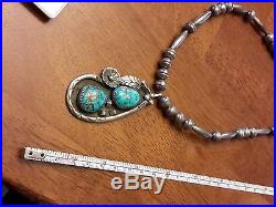 VINTAGE Old Pawn HB Sterling Silver Turquoise Squash Blossom Necklace 29