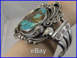 Vintage Signed Navajo Wide Sterling Silver Natural Royston Turquoise Bracelet