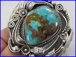 Vintage Signed Navajo Wide Sterling Silver Natural Royston Turquoise Bracelet