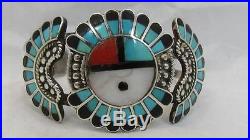 Vintage Sterling Silver Signed Zuni Turquoise Coral Pearl Sunface Cuff Bracelet