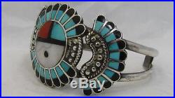 Vintage Sterling Silver Signed Zuni Turquoise Coral Pearl Sunface Cuff Bracelet