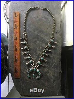Vintage Sterling Silver Turquoise Hand Made Squash Blossom Necklace