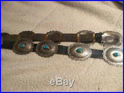 VINTAGE STERLING SILVER Turquoise Navajo Concho Leather Belt 383 grams