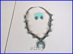 Vintage Zuni Sterling Silver & Turquoise Squash Blossom Necklace 26 & Earrings