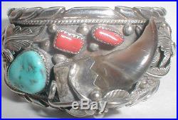 Vintag Navajo Etsitty Huge Sterling Silver Coral Turquoise Claw Cuff Bracelet Nr