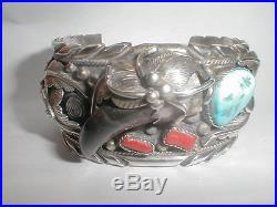 Vintag Navajo Etsitty Huge Sterling Silver Coral Turquoise Claw Cuff Bracelet Nr