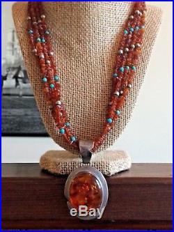 VTG 4 Strand Amber Turquoise Necklace & Pendant Sterling Silver Jay King 925 DTR
