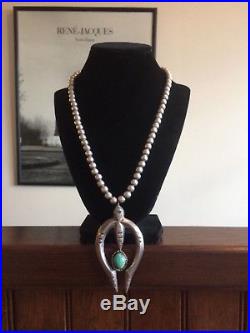 VTG 97 GRAMS Native Am Sterling Silver Turquoise Naja Necklace Navajo Pearls 925