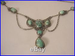 Vtg Antique Victorian English Cast Sterling Silver Lavalier Turquoise Necklace