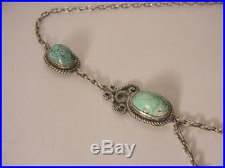 Vtg Antique Victorian English Cast Sterling Silver Lavalier Turquoise Necklace