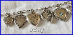 Vtg. Ant. Sterling Silver Repousse Fancy 11 Puffy Heart Charm Bracelet Turquoise