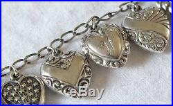 Vtg. Ant. Sterling Silver Repousse Fancy 11 Puffy Heart Charm Bracelet Turquoise