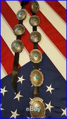 VTG Concho Belt Old Pawn Navajo Turquoise Sterling Silver Stamped Large