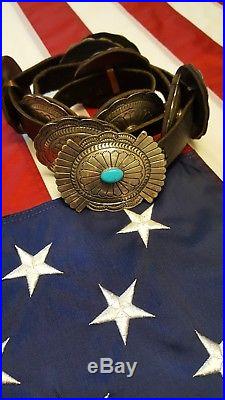 VTG Concho Belt Old Pawn Navajo Turquoise Sterling Silver Stamped Large