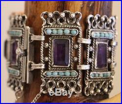 VTG MATL SALAS Mexico Sterling Silver Amethyst Turquoise Link Bracelet 64 Grams