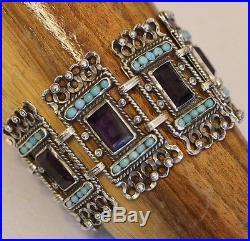 VTG MATL SALAS Mexico Sterling Silver Amethyst Turquoise Link Bracelet 64 Grams