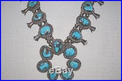 VTG NAVAJO Sterling Silver MORENCI Turquoise SQUASH BLOSSOM Bench Bead Necklace