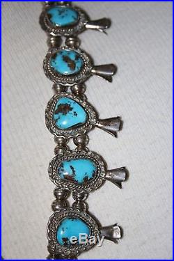VTG NAVAJO Sterling Silver MORENCI Turquoise SQUASH BLOSSOM Bench Bead Necklace