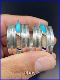 VTG Native American Sterling Silver 925 Turquoise Multi Stones Half Hoop Earring