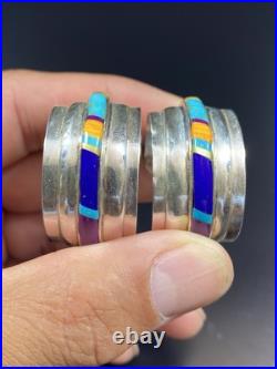 VTG Native American Sterling Silver 925 Turquoise Multi Stones Half Hoop Earring