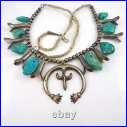 VTG Native American Sterling Silver Squash Blossom Turquoise Necklace 24 LJA4