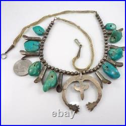VTG Native American Sterling Silver Squash Blossom Turquoise Necklace 24 LJA4