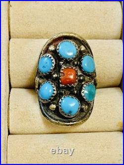 VTG SOUTHWEST Navajo Ring 925 St. Silver Blue Turquiose & Coral Signed VB Sz 6