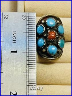 VTG SOUTHWEST Navajo Ring 925 St. Silver Blue Turquiose & Coral Signed VB Sz 6