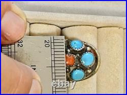 VTG SOUTHWEST Navajo Ring 925 St. Silver Blue Turquiose & Coral Signed VB Sz 6