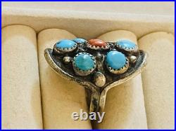 VTG SOUTHWEST Navajo Ring 925 St. Silver Blue Turquiose & Coral Signed VB Sz 6