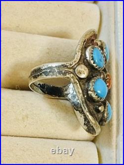 VTG SOUTHWEST Navajo Ring 925 St. Silver Blue Turquiose & Coral Signed VB Sz 6