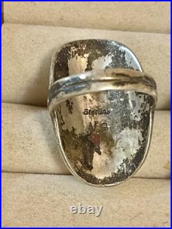 VTG SOUTHWEST Navajo Ring 925 St. Silver Blue Turquiose & Coral Signed VB Sz 6