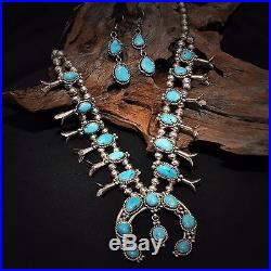 VTG Sleeping Beauty Turquoise Squash Blossom Sterling Silver Necklace Set Signed