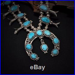 VTG Sleeping Beauty Turquoise Squash Blossom Sterling Silver Necklace Set Signed