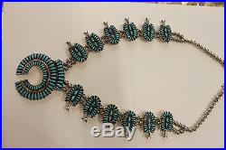 VTG Sterling Silver Signed Turquoise Squash Blossom Bead Necklace 211 Grams 30