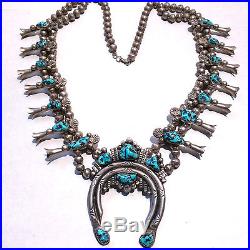 VTG Sterling Silver Turquoise Navajo Squash Blossom Necklace Hallmark J. LONG