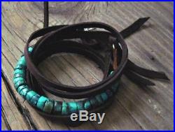 Variegated Turquoise & Sterling Silver Cuff Bracelet Chocolate Brown Leather
